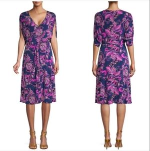 Trina Turk Blue & Pink Paisley Split Sleeve Faux Wrap Midi Dress Size 8